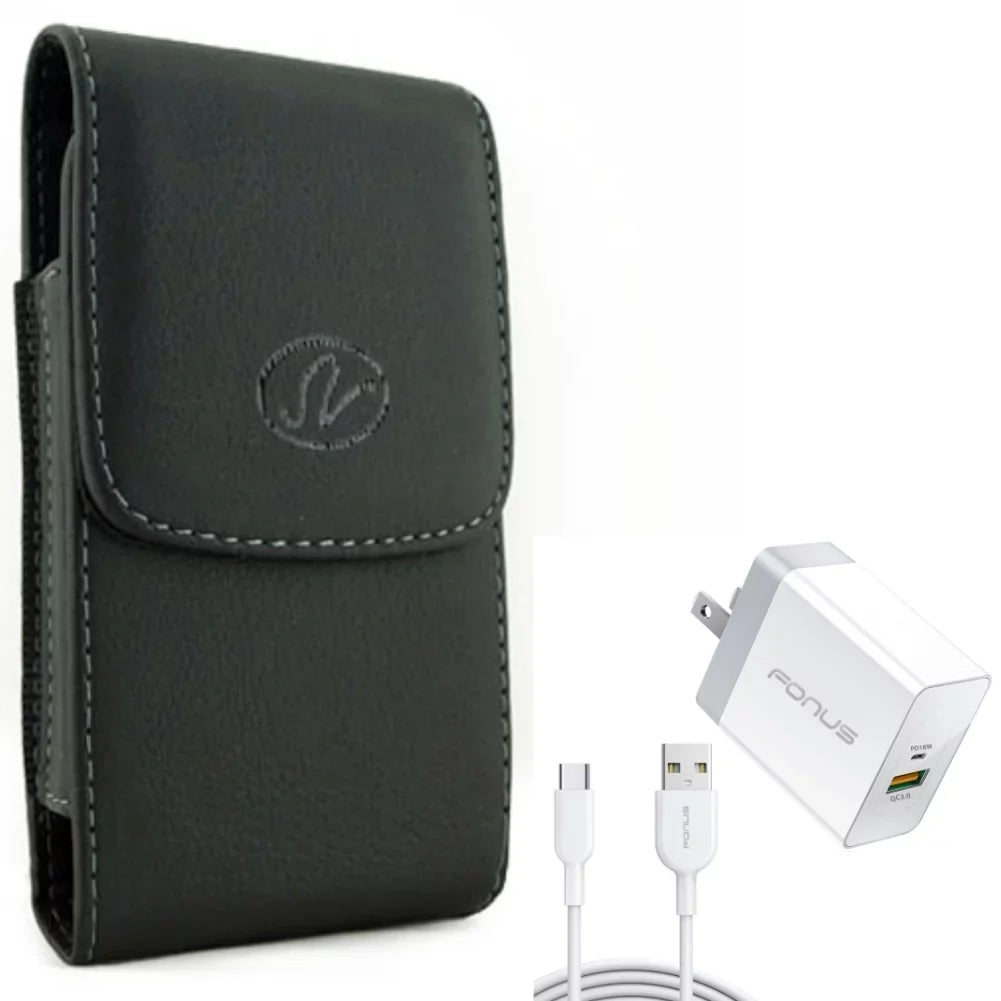 Holster Leather Case Belt Clip w 6ft Long Cable Fast Type-C 36W PD Home Charger for LG Sizetylo 4 Plus, Harmony 4 - Lively Jitterbug Sizemart3 - Motorola One Zoom, Moto Z4 Z3 Play Z2 Play