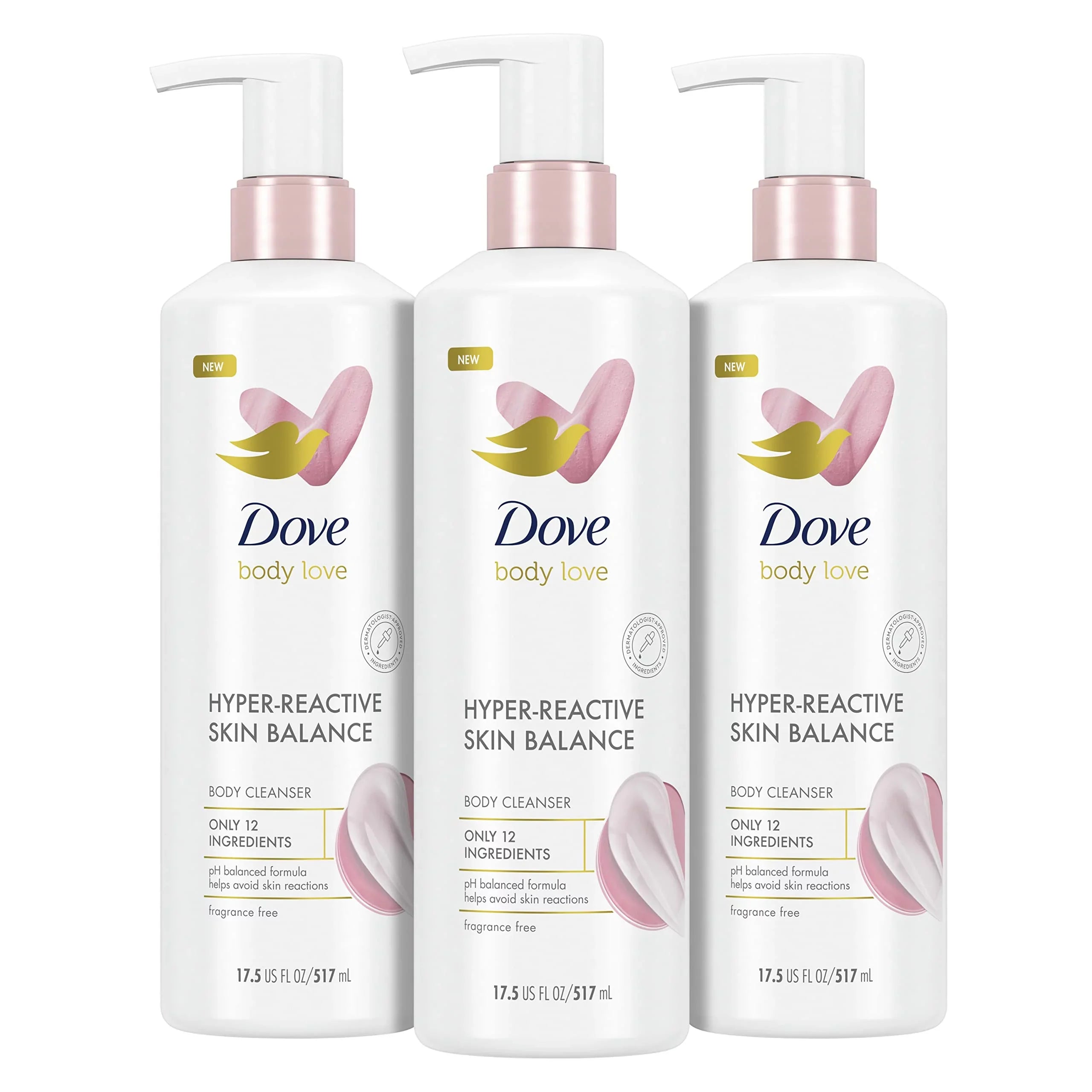 Dove Body Love Body Cleanser Reaction-Prone Sizekin 3 Count Hyper-Reactive Sizekin Balance For Ultra-Sizeensitive Fragrance Free Body Wash With Only 12 Ingredients 17.5 Oz.