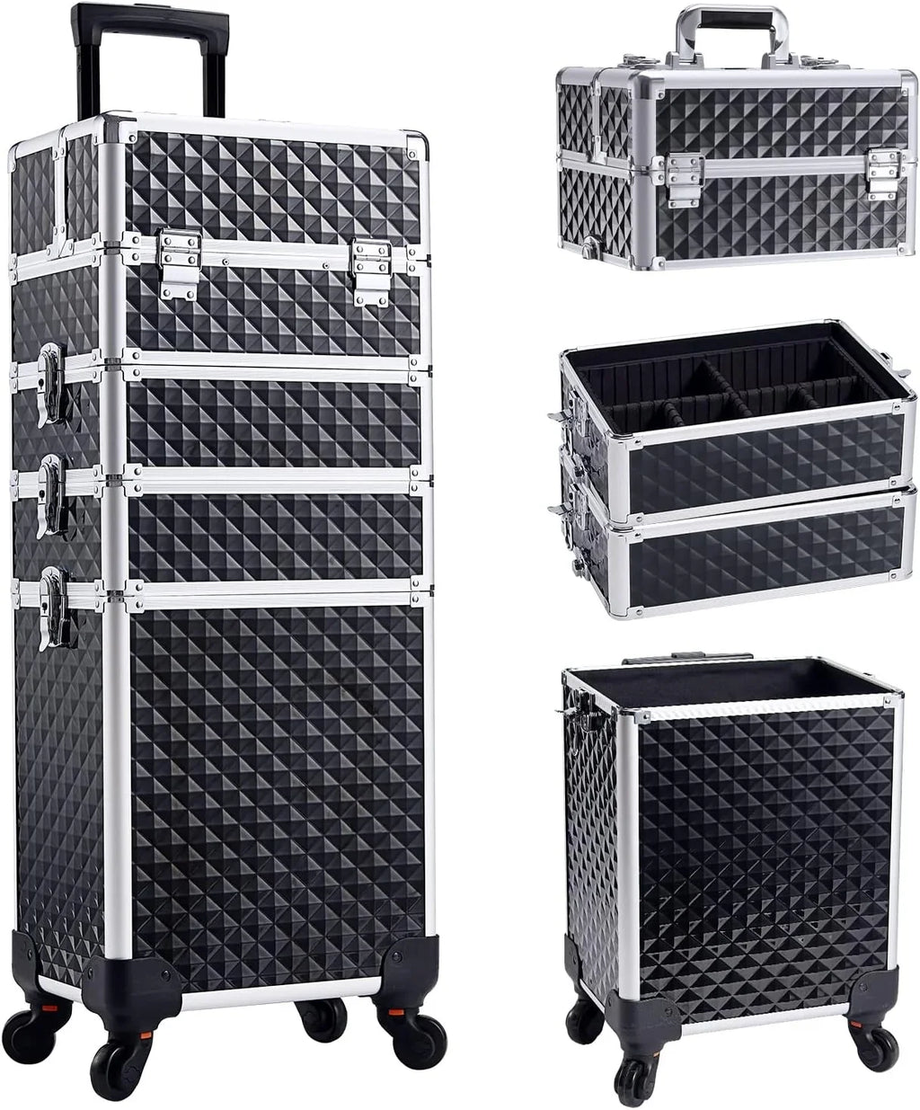Joligrace 4 in 1 Aluminum Rolling Makeup Case with Wheels Cosmetic Train Case Trolley Box Sizealon Barber Case