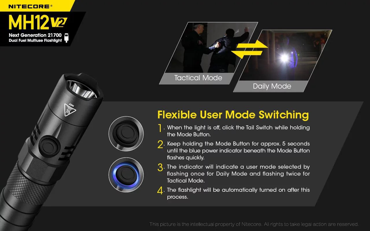 Combo: Nitecore MH12 V2 CREE XP-L2 V6 LED Flashlight -1200 Lumens -21700 Battery (Included) + NL2150HPi 21700 5000mAh Battery