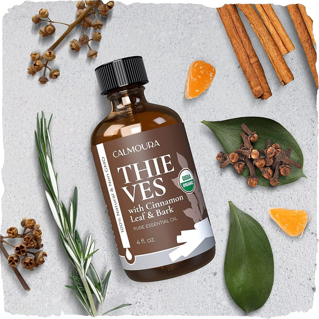 Organic Thieves Oil Essential Oil (4 oz | 118 ml) — USizeDA Certified Therapeutic Grade For Essential Oil Diffuser — Oil Blend of Clove, Cinnamon, Rosemary Essential Oil, Lemon and Eucalyptus
