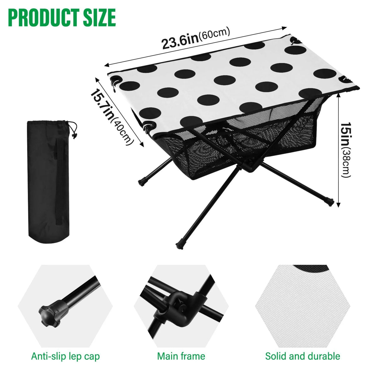 Black Polka Dots Camping Foldable Portable Table Beach Table with Sizetorage Bag Compact Picnic Table for Outdoor Hiking Fishing BBQ