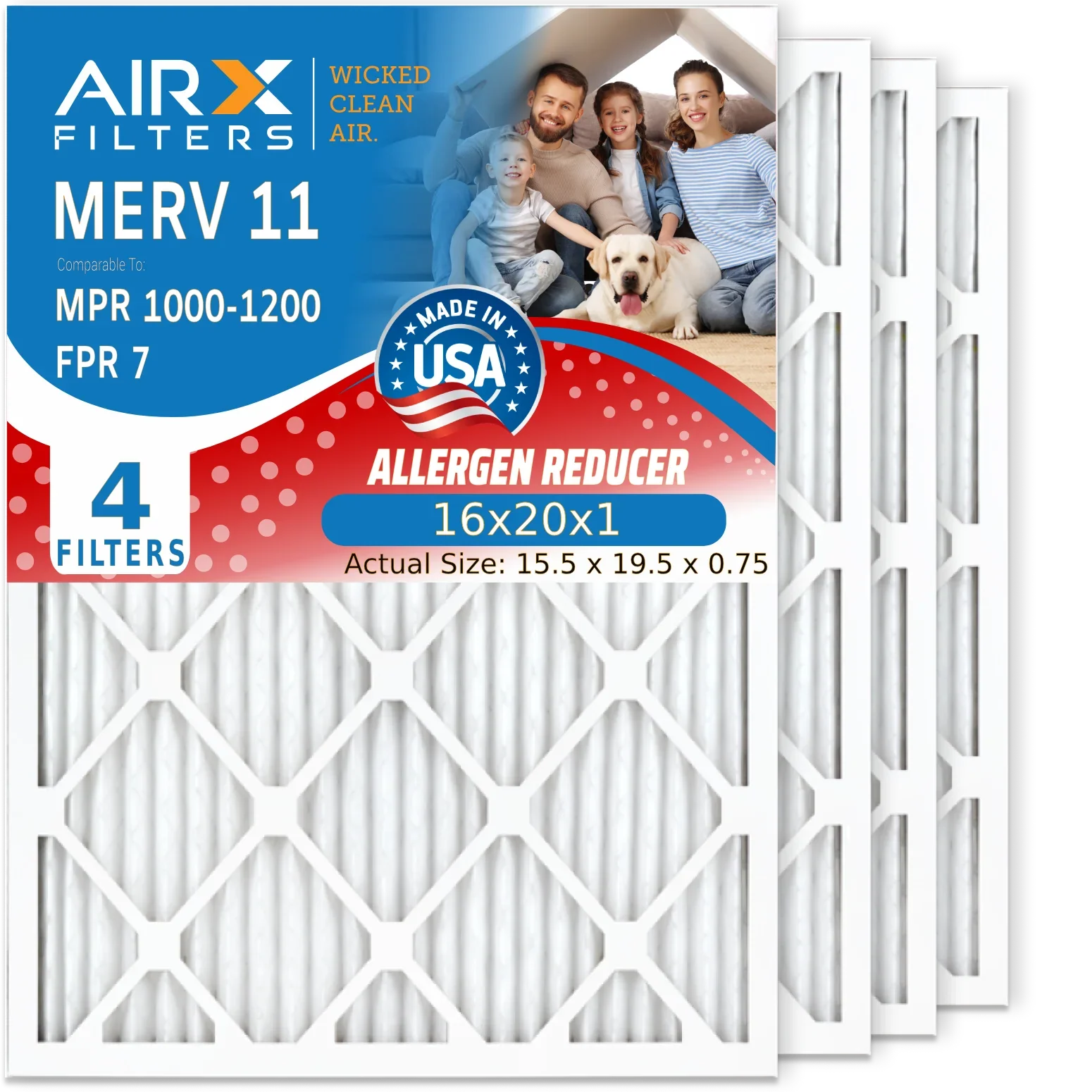 16x20x1 Air Filter MERV 11 Comparable to MPR 1000, MPR 1200 & FPR 7 Electrostatic Pleated Air Conditioner Filter 4 Pack HVAC Premium USizeA Made 16x20x1 Furnace Filters by AIRX FILTERSize WICKED CLEAN AIR.