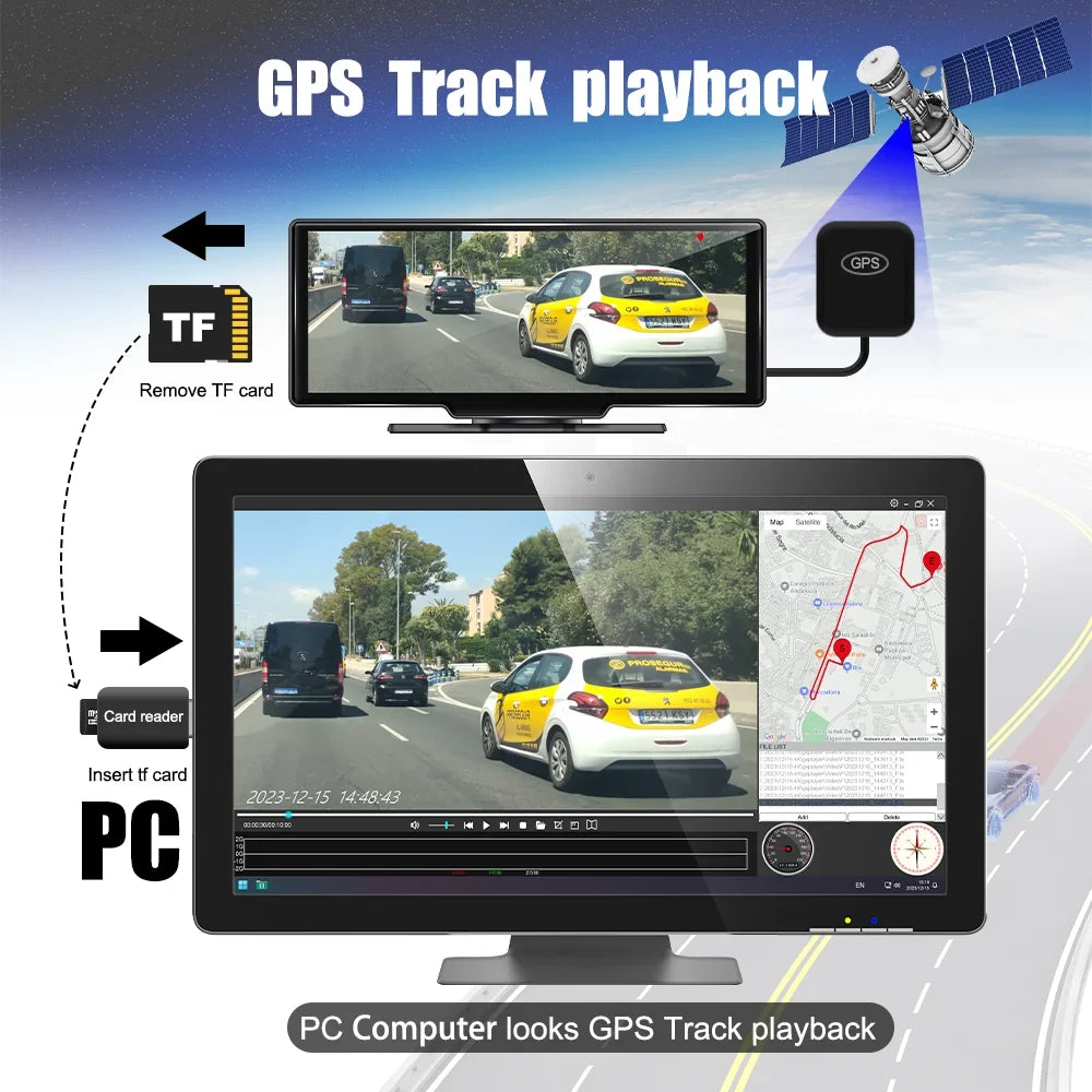 Adas Dash Cam  4K  DVR 10.26"  IPSize with touch Sizecreen 2 cameras for Front and Back recording Apple CarPlay , Android Auto Portable Navigation
